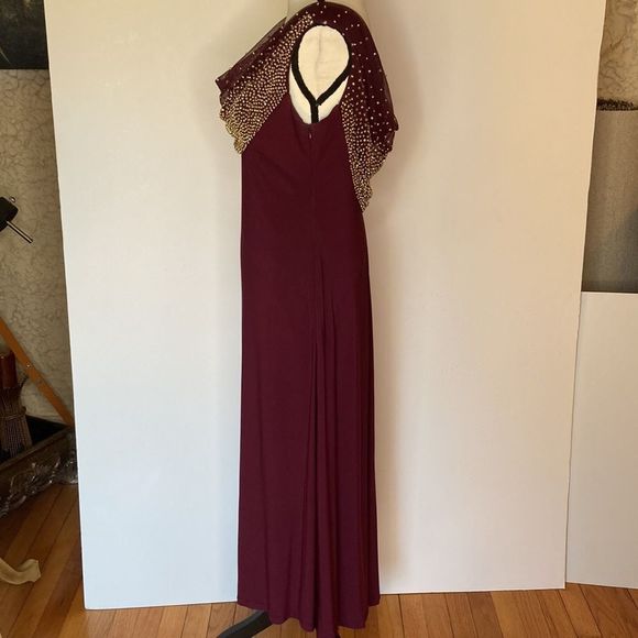 Cachet Gown Maxi Gold Beads Front & Back Neckline Burgundy Color Formal Gown - Picture 7 of 13